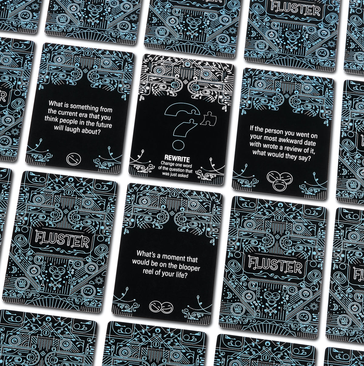 A grid of questions from the FLUSTER Laugh Pack on a white background