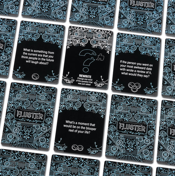 Cards from the FLUSTER Laugh Pack laid out in a grid on a white background