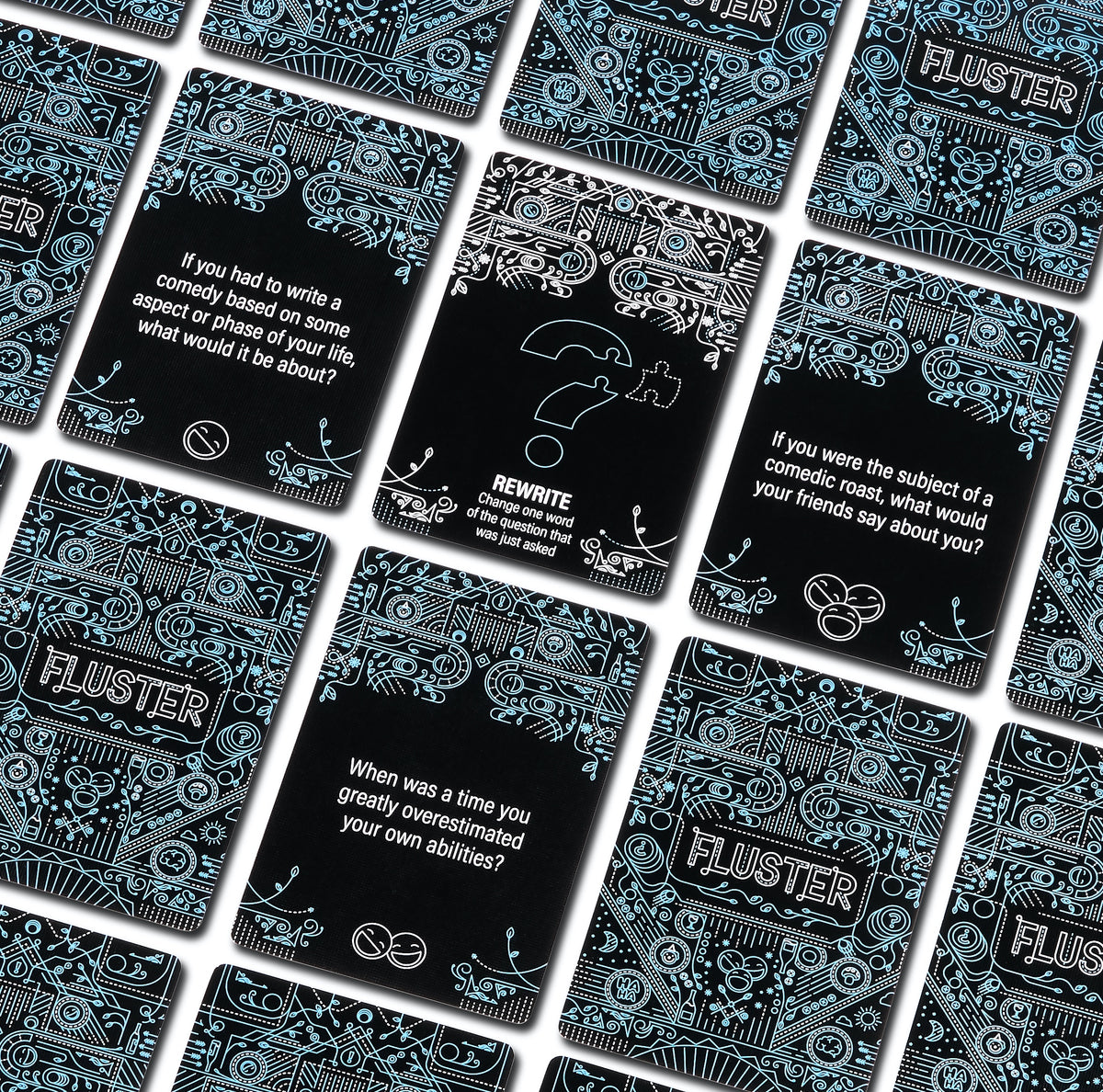 Cards from the FLUSTER Laugh Pack card game laid out in a grid on a white background