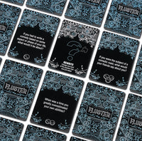 Cards from the FLUSTER Laugh Pack card game laid out in a grid on a white background