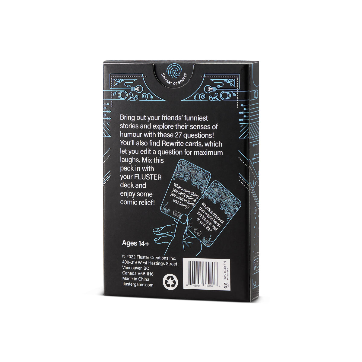 The FLUSTER Laugh Pack card game seen from behind on a white background