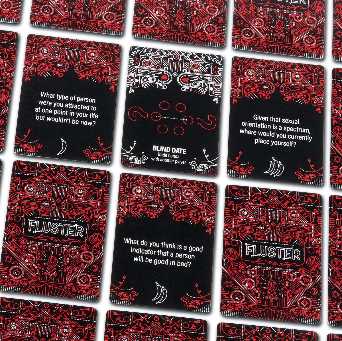 Cards from the FLUSTER Spicy Pack laid out in a grid on a white background