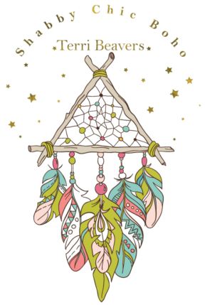Colorful dreamcatcher illustration with 'Shabby Chic Boho' branding on a white background